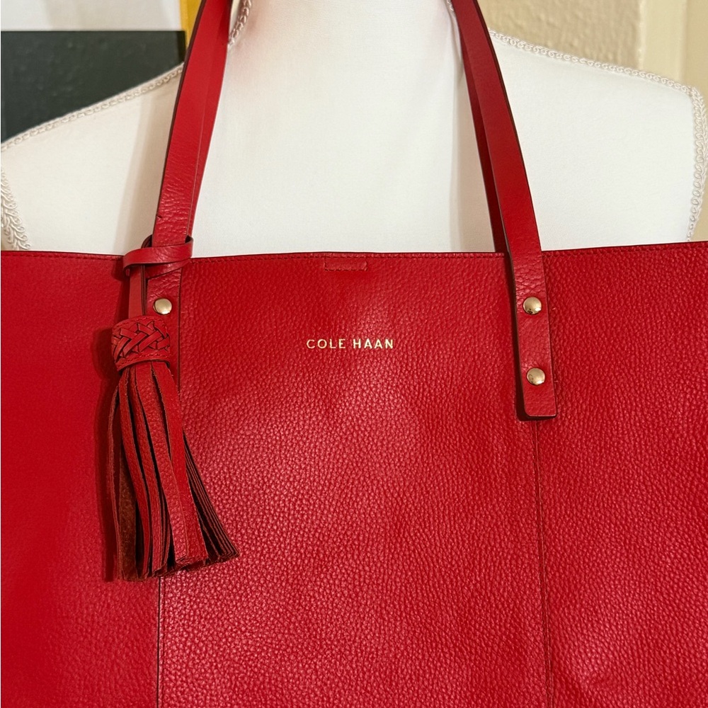 Cole Haan Bright Red Pebbled Leather Tote with Tassel Accent - Picture 2 of 4